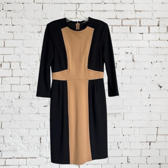 Nanette Lepore Camel/Black Color Block Long Sleeve Knee Length Sheath Size 6 - Picture 1 of 12